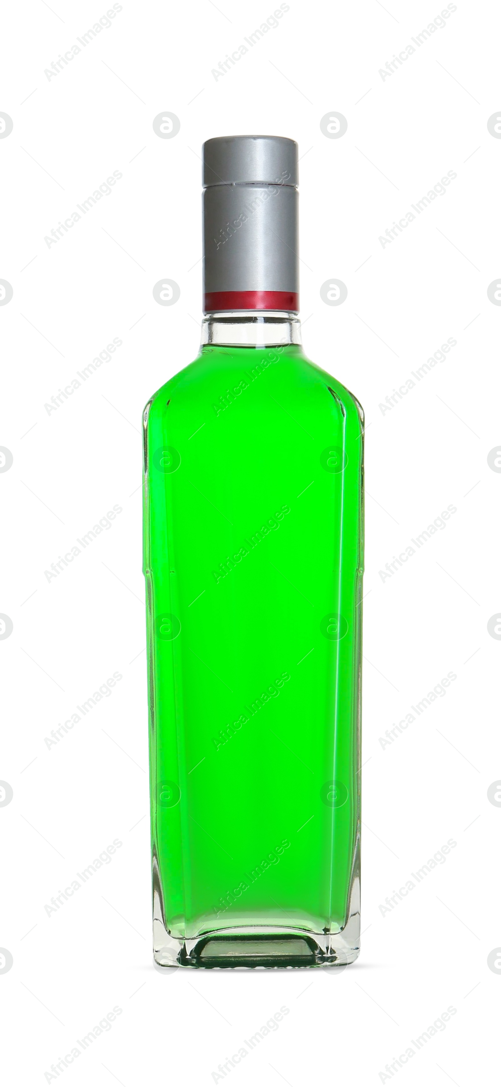 Photo of Absinthe in glass bottle isolated on white