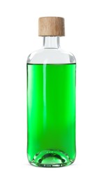 Photo of Absinthe in glass bottle isolated on white