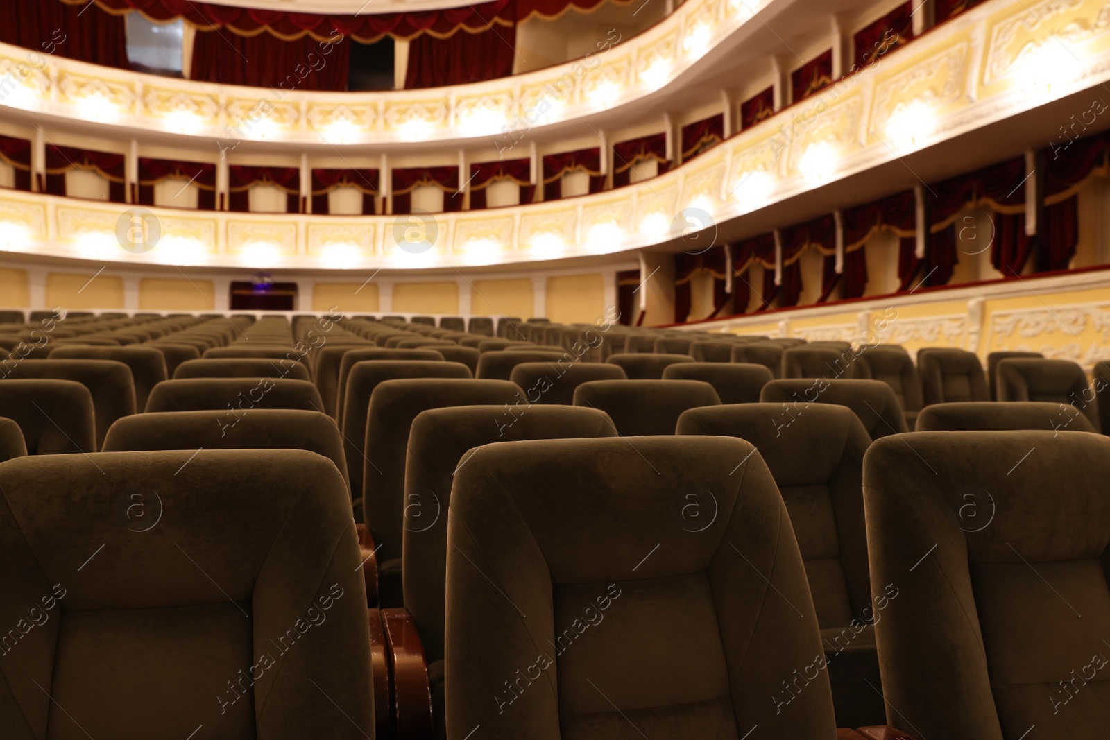 Photo of Rows of gray comfortable seats in theatre, closeup