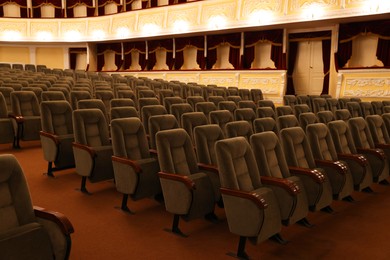 Photo of Rows of gray comfortable seats in theatre