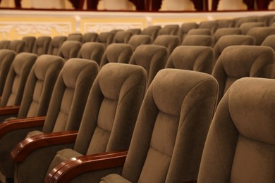 Photo of Rows of gray comfortable seats in theatre, closeup