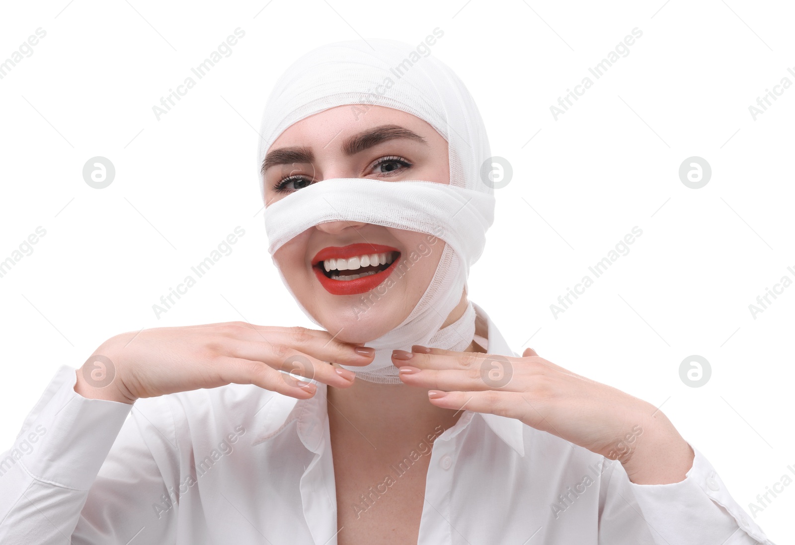 Photo of Woman with nose wrapped in medical bandage after plastic surgery operation on white background