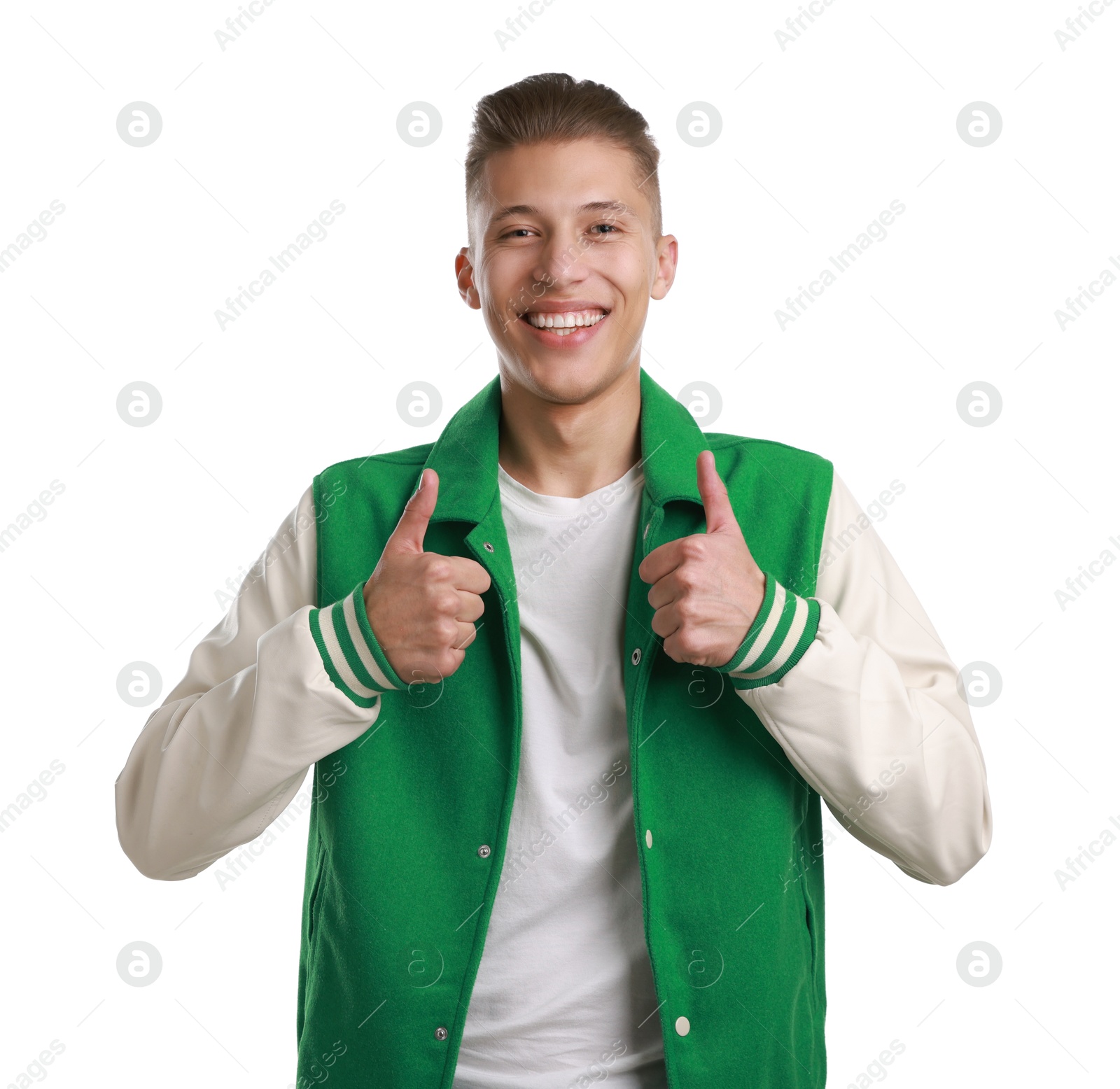 Photo of Happy man showing thumbs up on white background. Like gesture