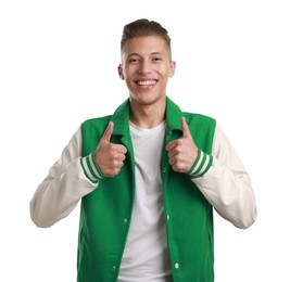 Photo of Happy man showing thumbs up on white background. Like gesture