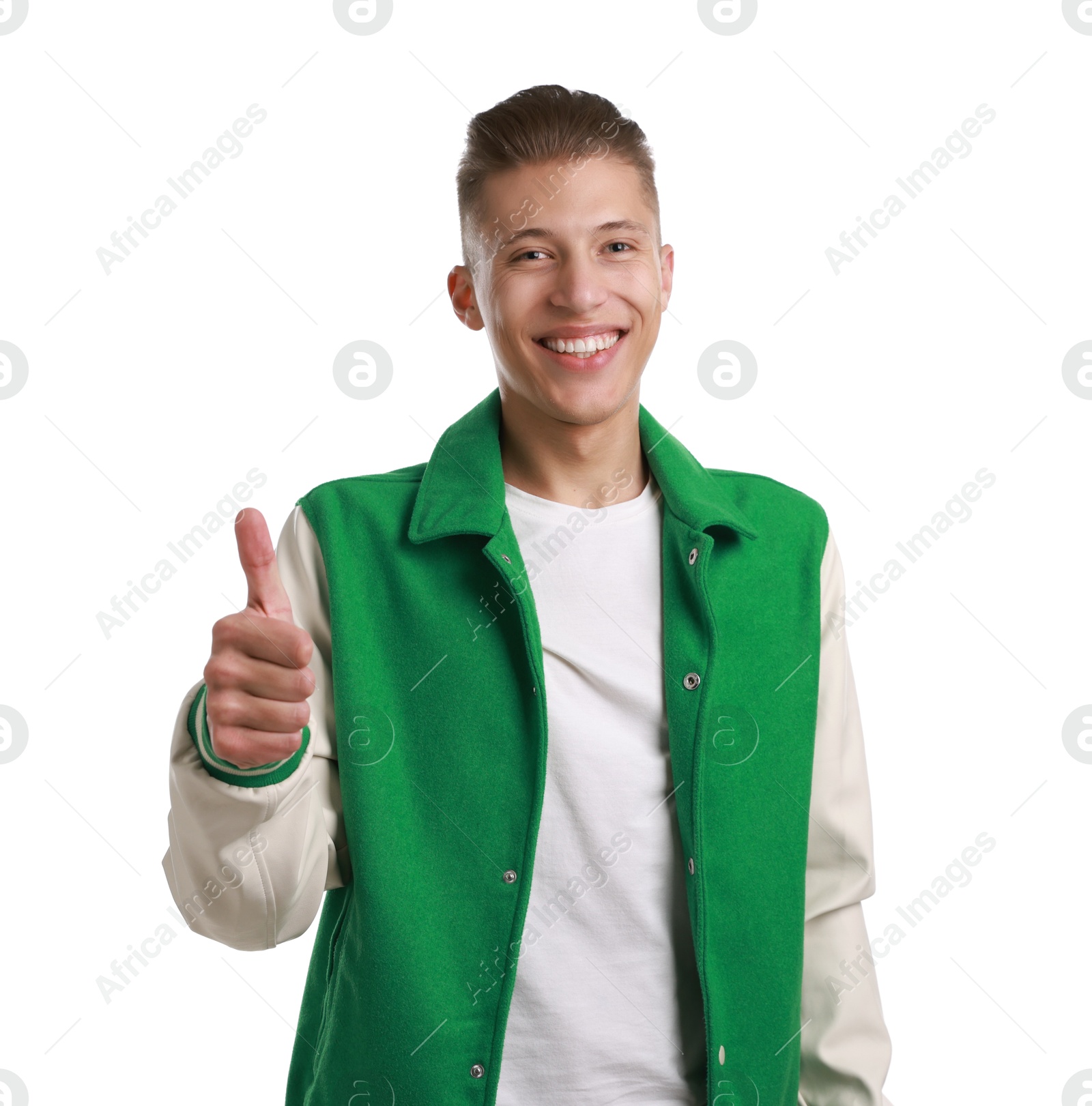 Photo of Happy man showing thumbs up on white background. Like gesture