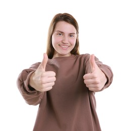 Photo of Happy woman showing thumbs up on white background. Like gesture