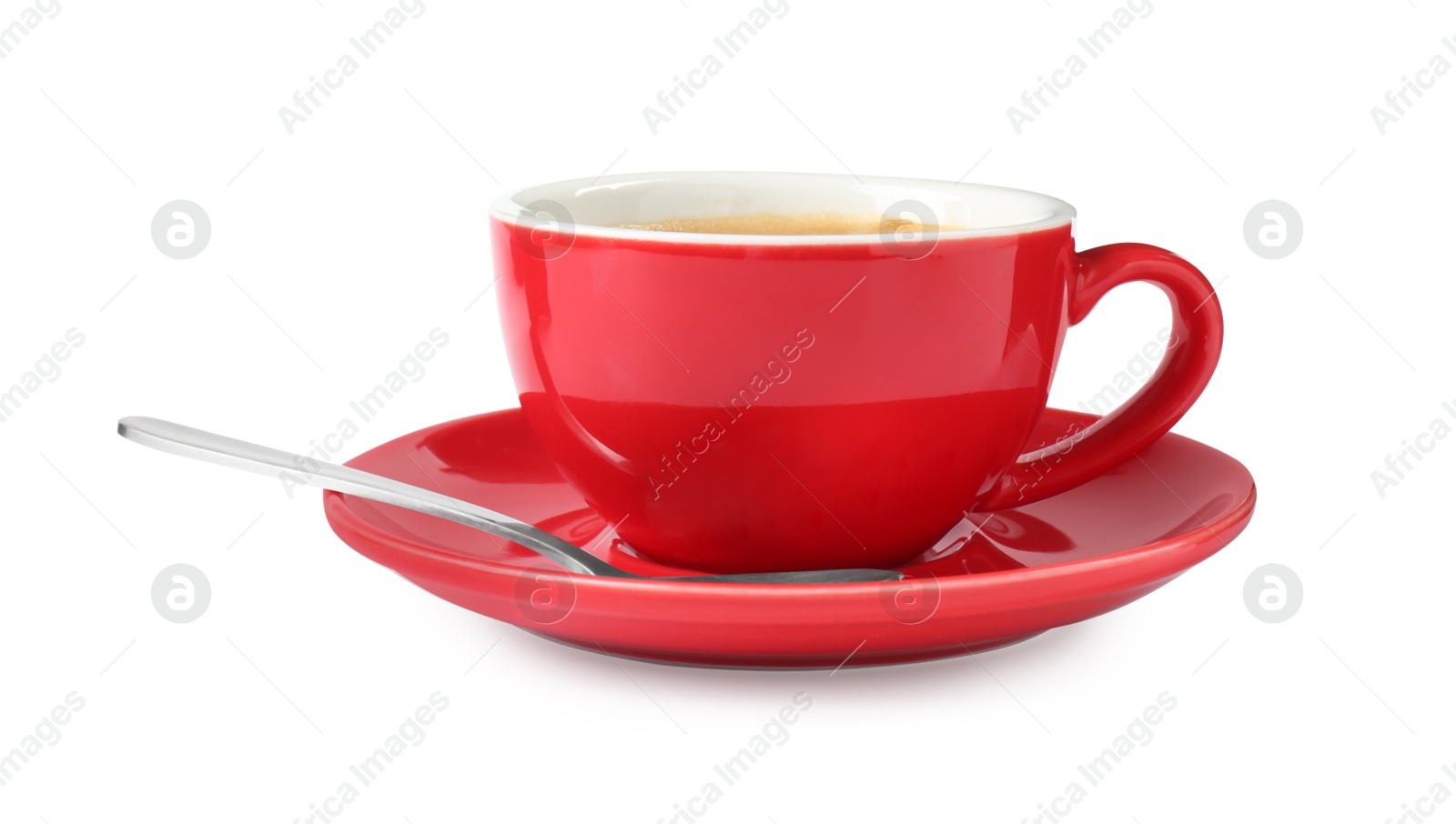 Photo of Red cup of aromatic coffee, spoon and saucer isolated on white