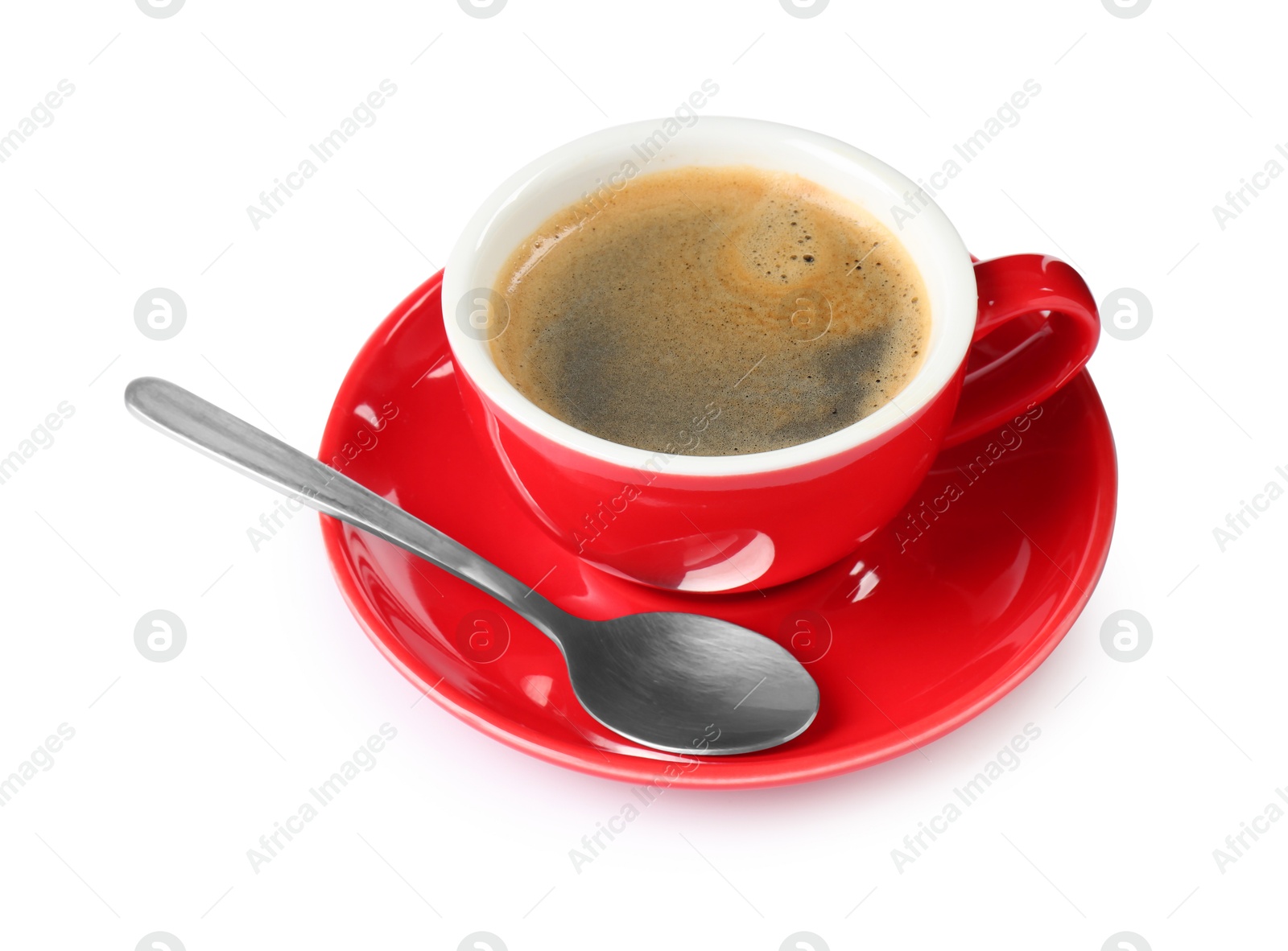 Photo of Red cup of aromatic coffee, spoon and saucer isolated on white