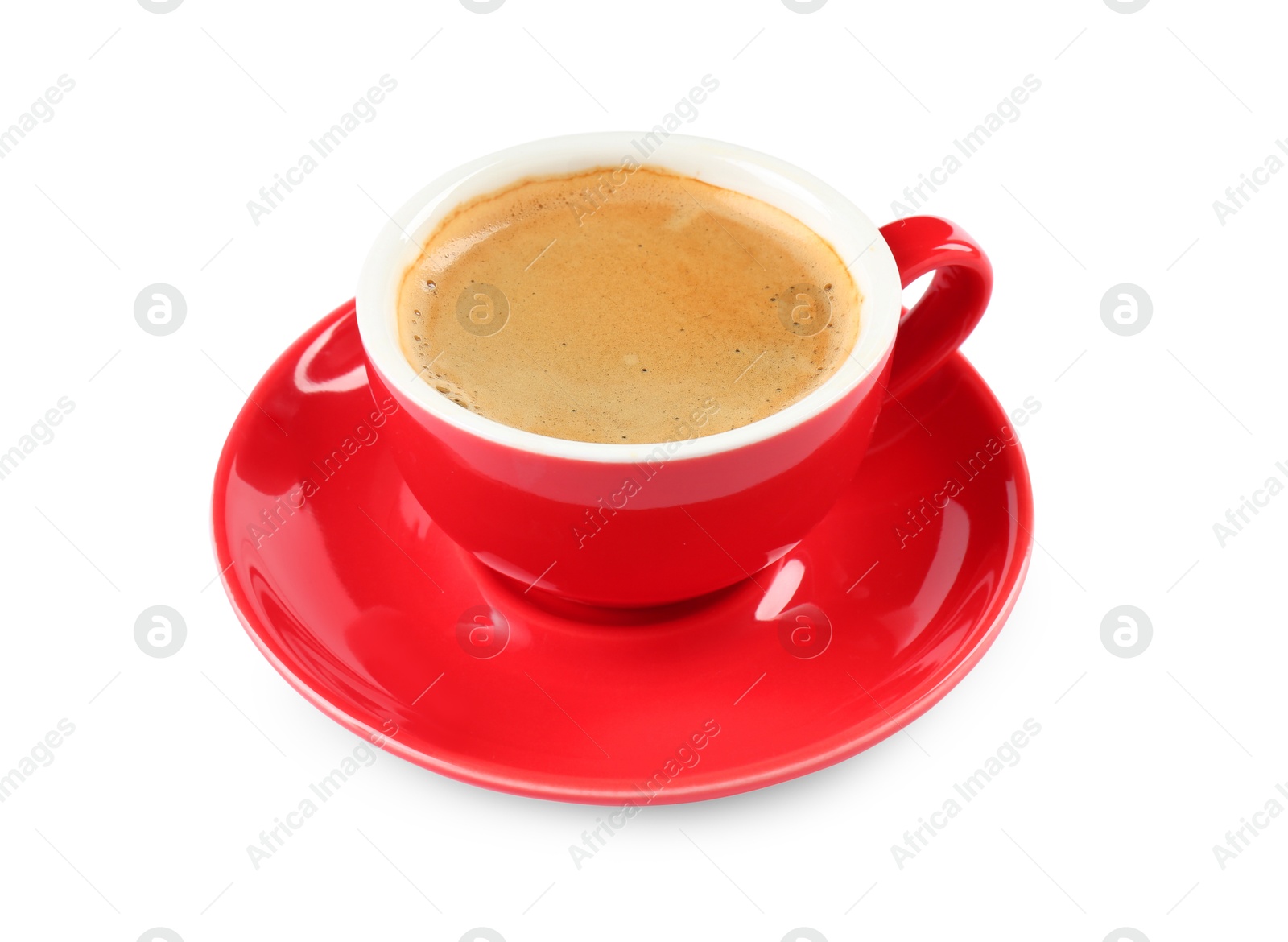 Photo of Red cup of aromatic coffee and saucer isolated on white