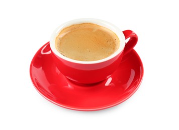 Photo of Red cup of aromatic coffee and saucer isolated on white