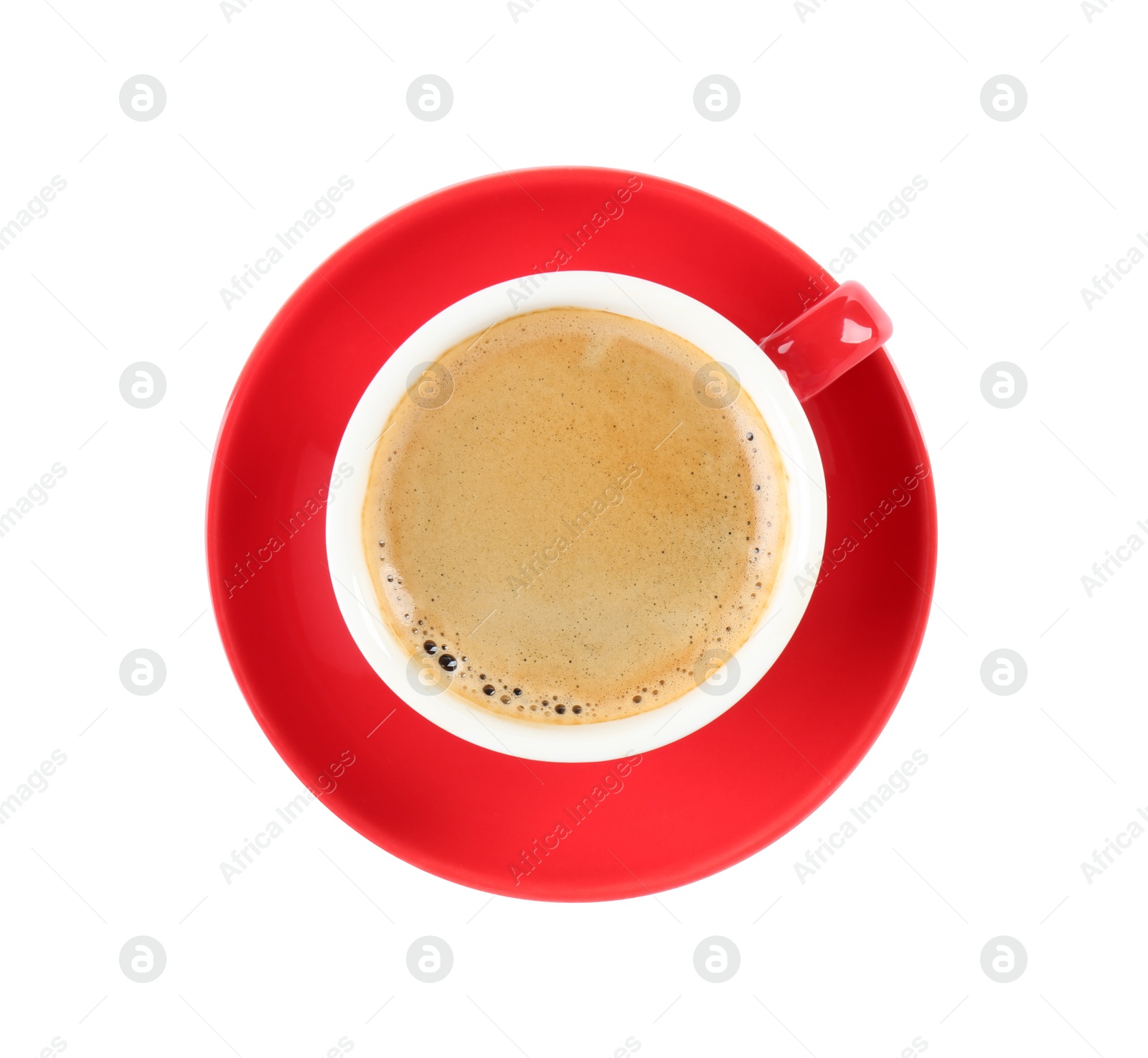 Photo of Red cup of aromatic coffee and saucer isolated on white, top view