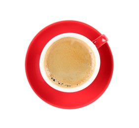 Photo of Red cup of aromatic coffee and saucer isolated on white, top view