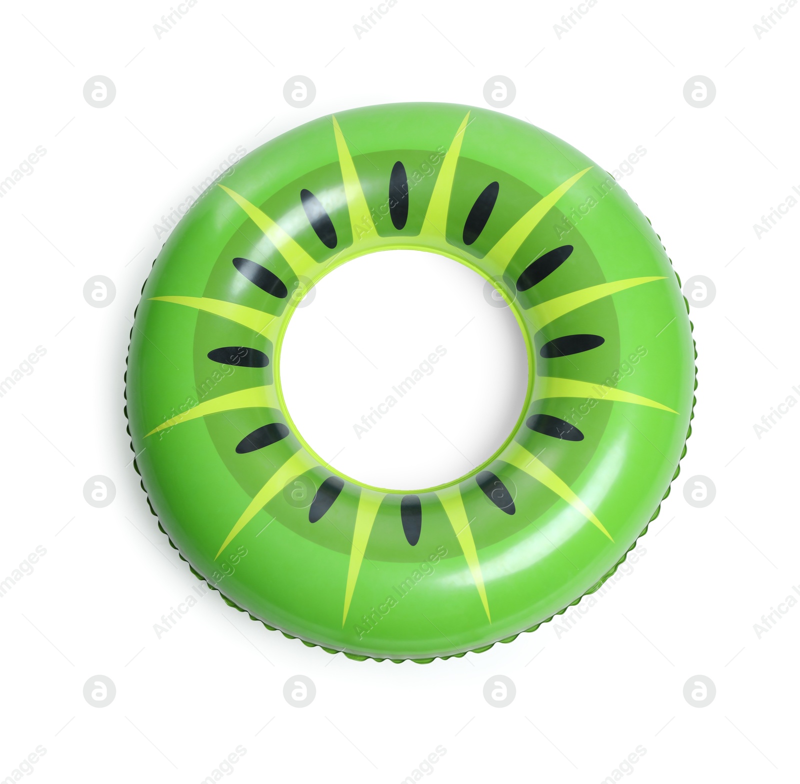 inflatable ring with kiwi pattern isolated on white, top view Photo of inflatable ring with kiwi pattern isolated on white, top view