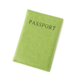 Photo of Passport in green cover isolated on white, top view