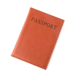 Photo of Passport in brown cover isolated on white, top view