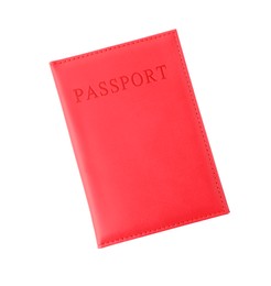 Photo of Passport in pink cover isolated on white, top view