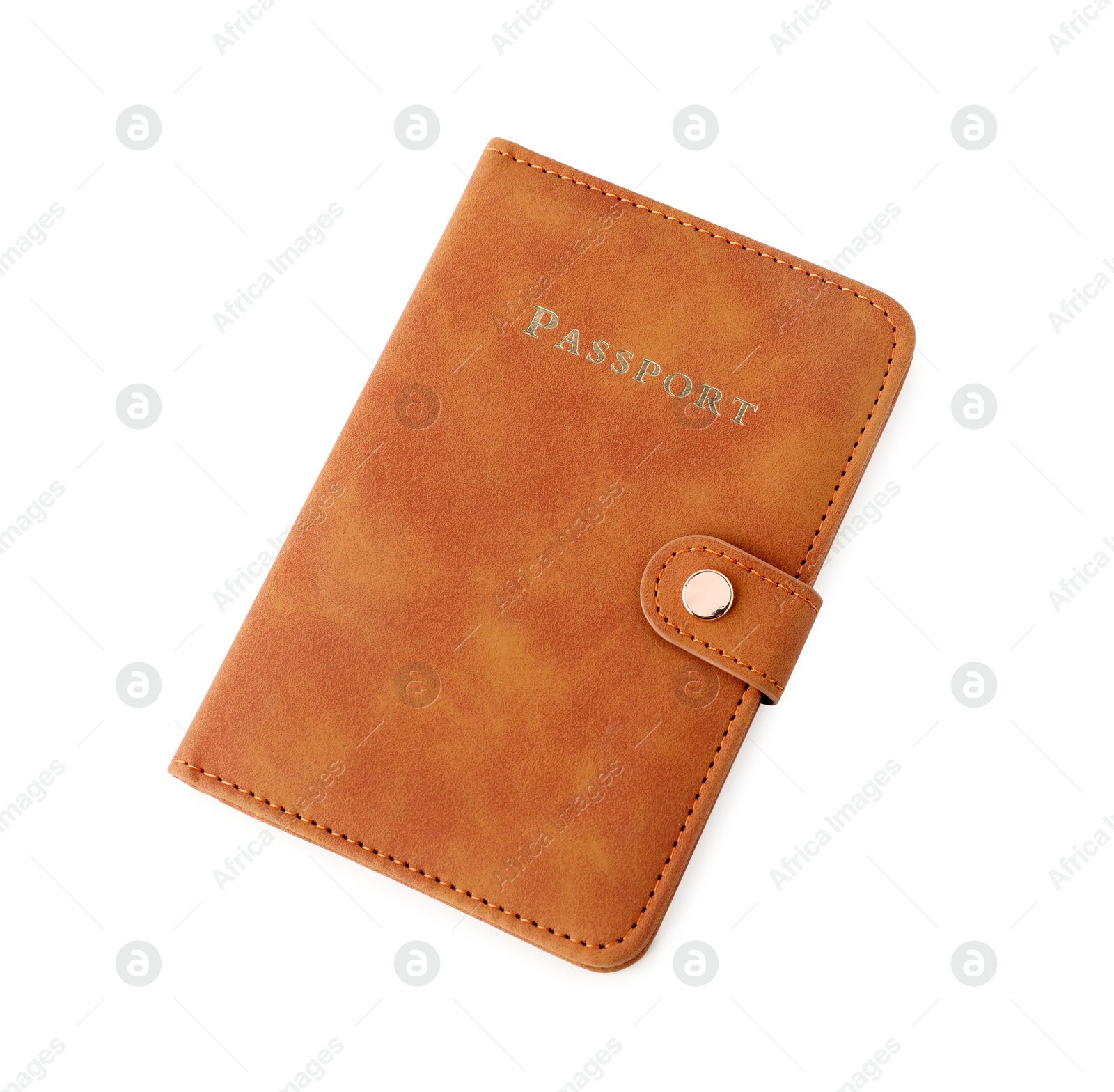 Photo of Passport in brown cover isolated on white, top view