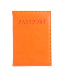 Photo of Passport in orange cover isolated on white