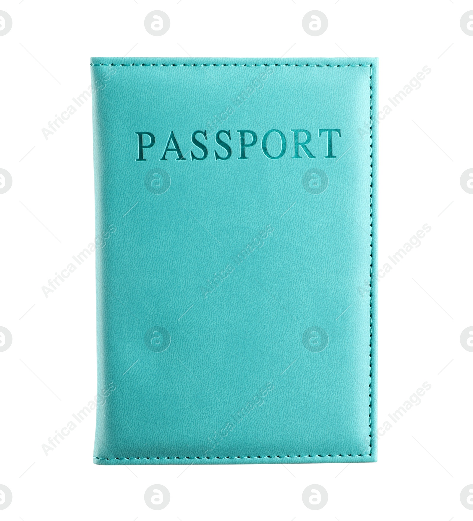 Photo of Passport in light blue cover isolated on white