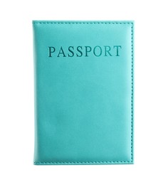 Photo of Passport in light blue cover isolated on white