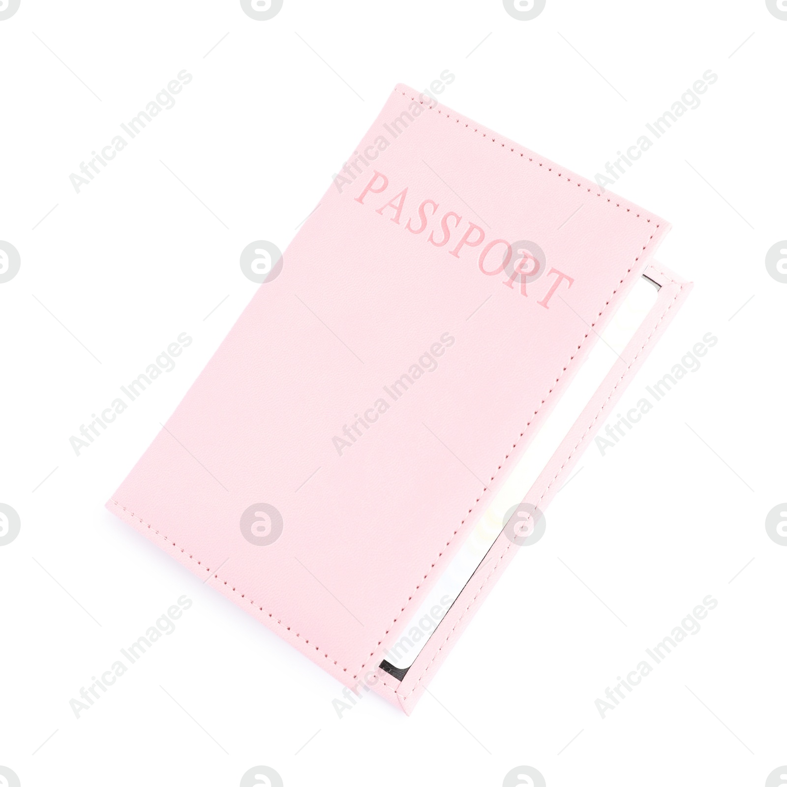 Photo of Passport in bright cover isolated on white, top view