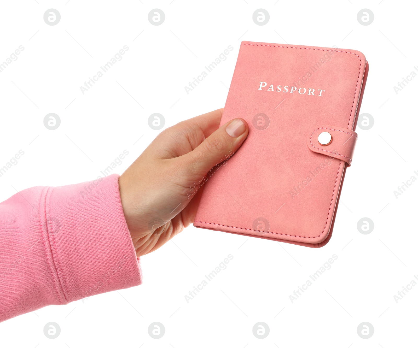 Photo of Woman holding passport in bright cover on white background, closeup