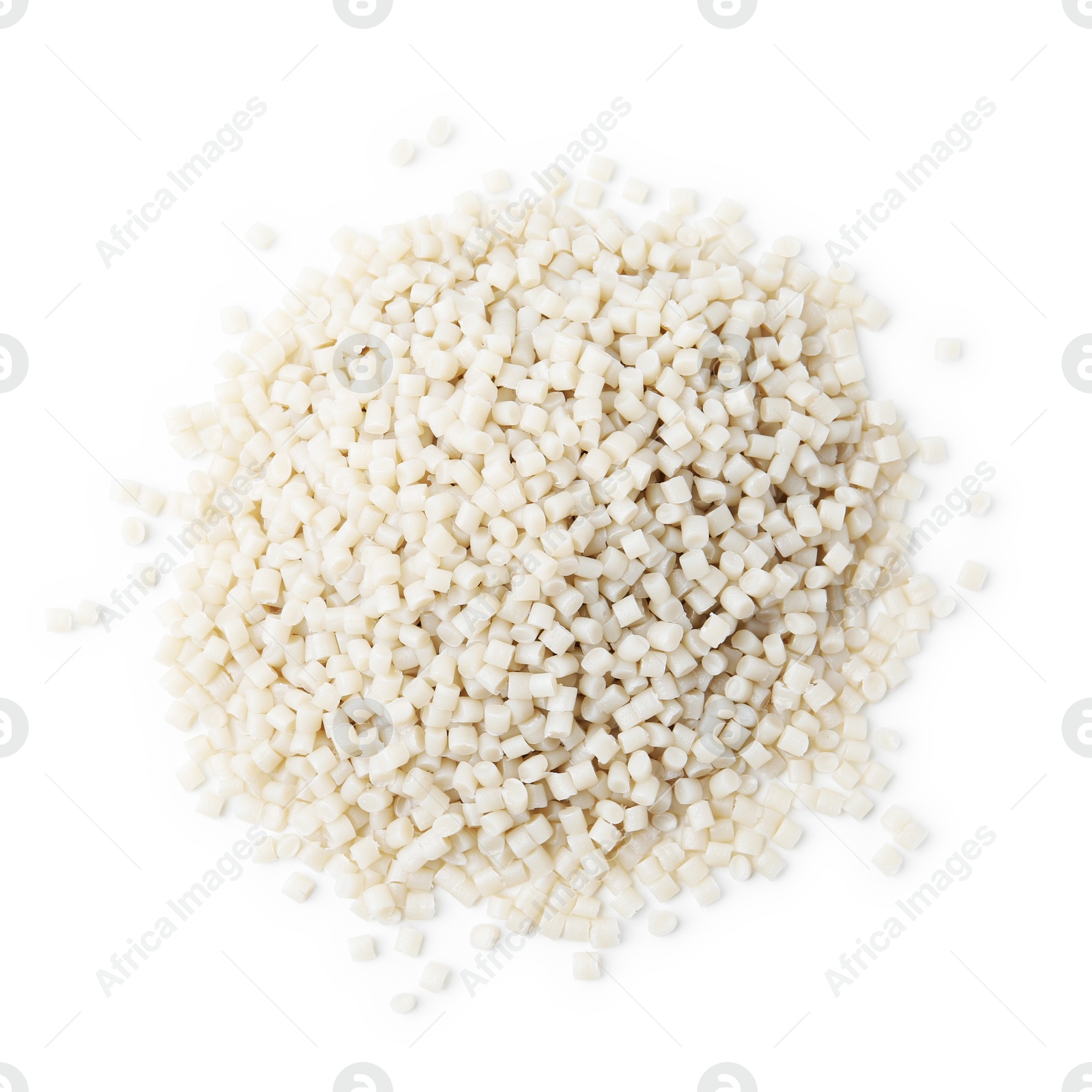 Photo of Pile of plastic granules isolated on white, top view