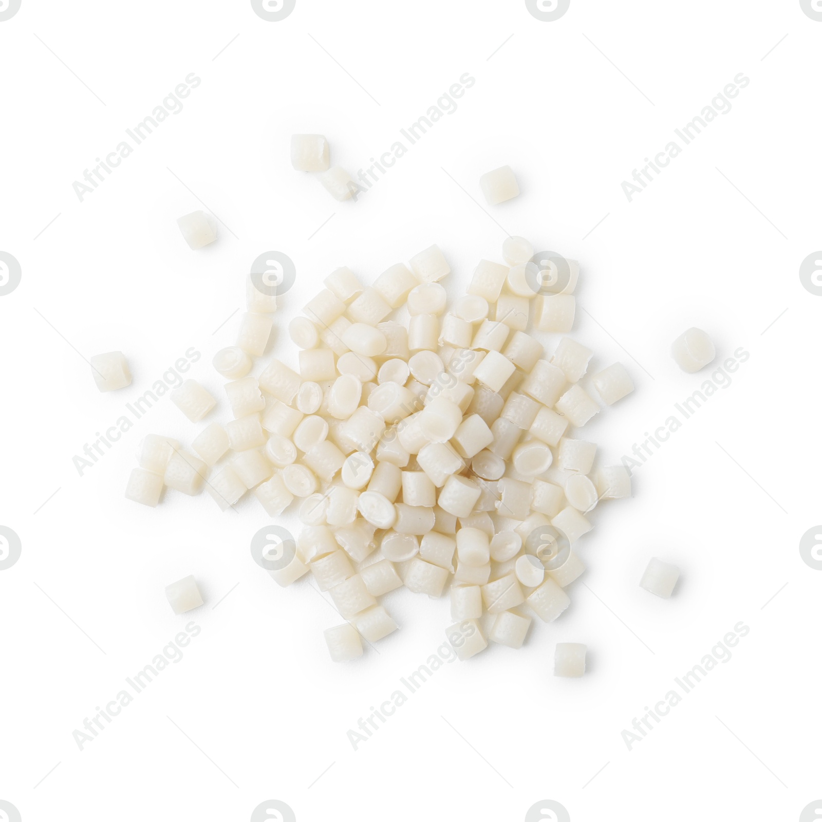 Photo of Pile of plastic granules isolated on white, top view