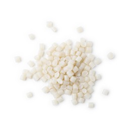 Photo of Pile of plastic granules isolated on white, top view