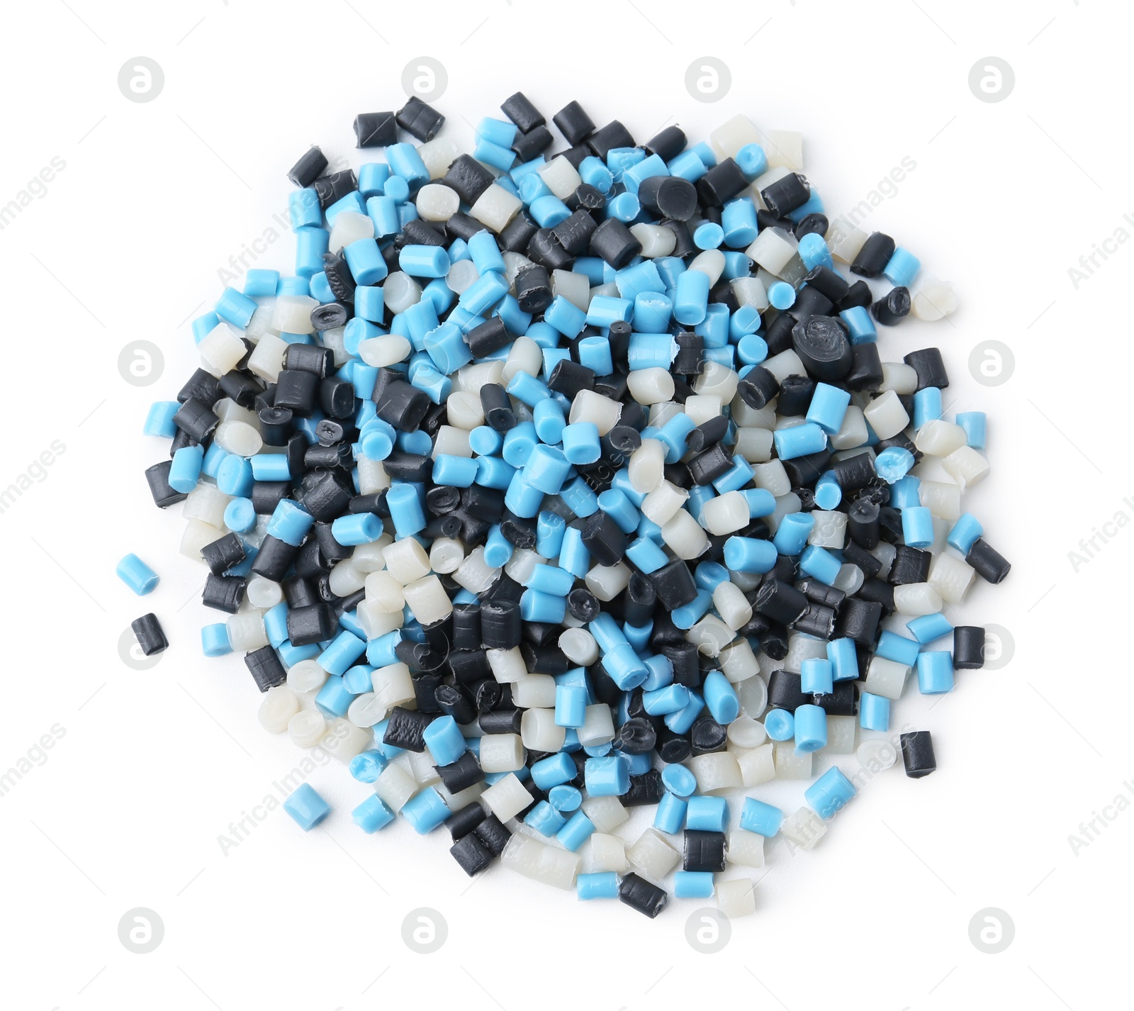 Photo of Pile of colorful plastic granules isolated on white, top view