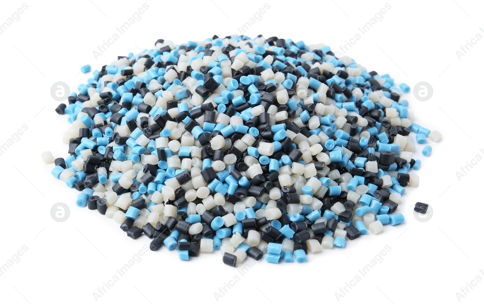 Photo of Pile of colorful plastic granules on white background