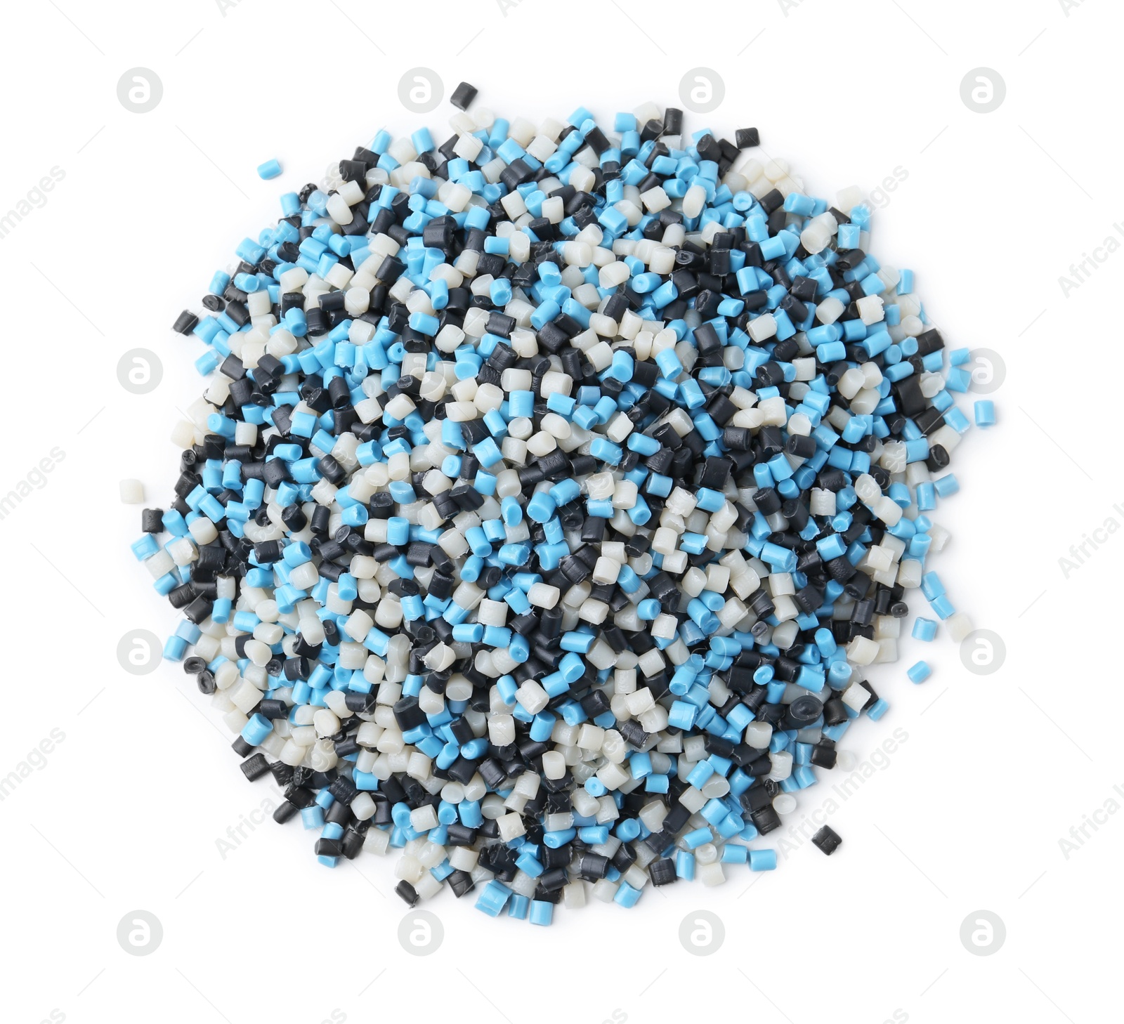 Photo of Pile of colorful plastic granules isolated on white, top view