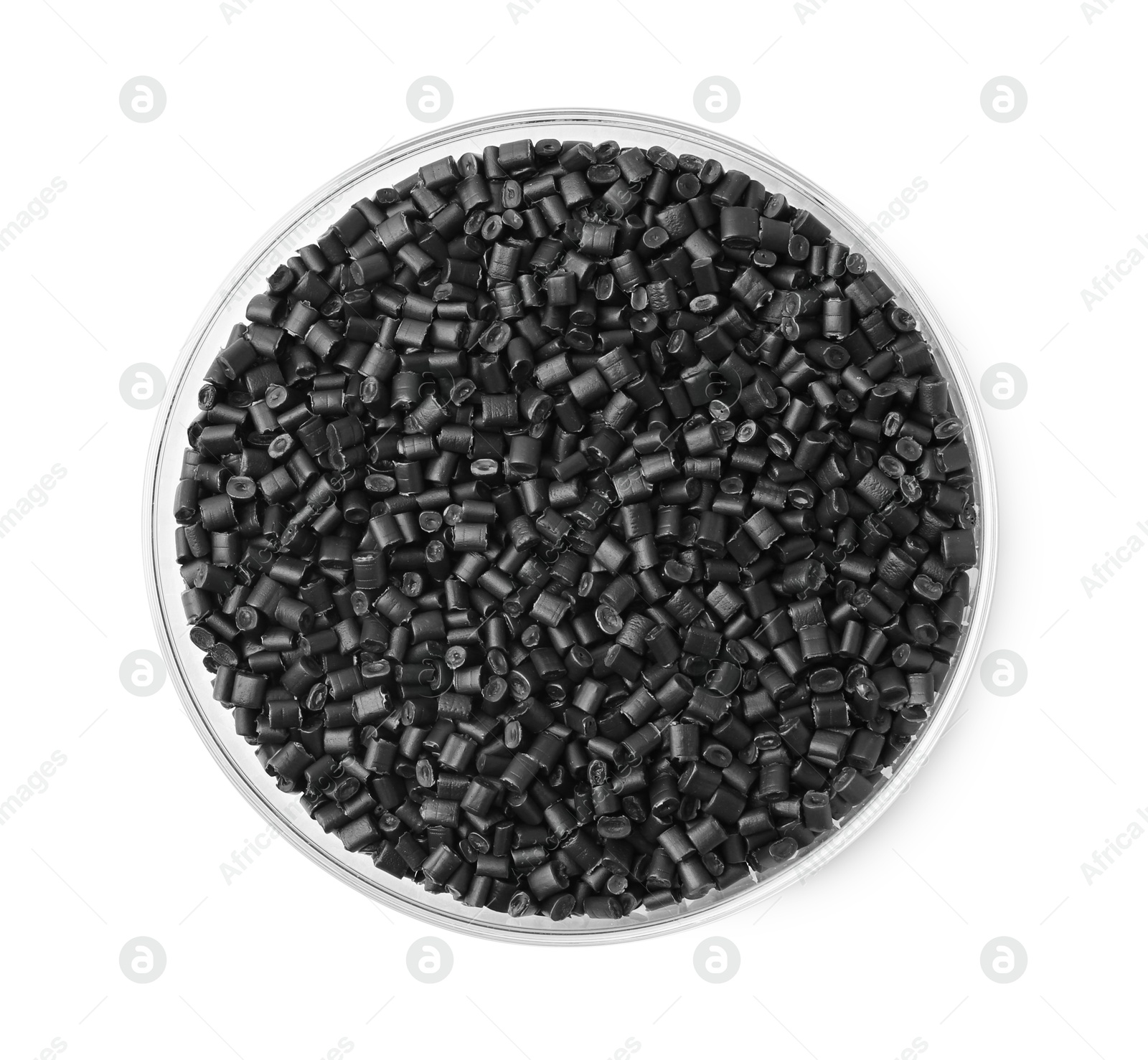 Photo of Black plastic granules in petri dish isolated on white, top view