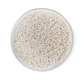 Photo of Plastic granules in petri dish isolated on white, top view