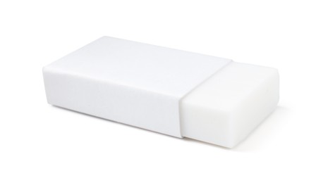 Photo of New eraser isolated on white. School stationery