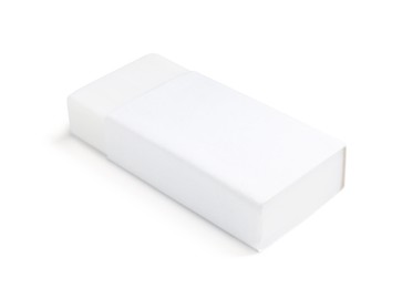 Photo of New eraser isolated on white. School stationery