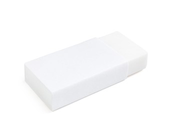 Photo of New eraser isolated on white. School stationery