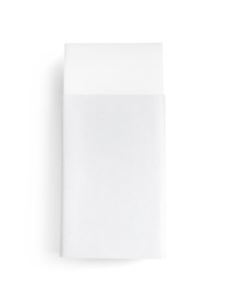 Photo of New eraser isolated on white, top view. School stationery