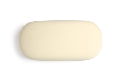 Photo of New eraser isolated on white, top view. School stationery