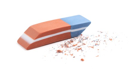 Photo of One eraser and scraps isolated on white