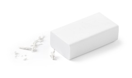 Photo of One eraser and scraps isolated on white