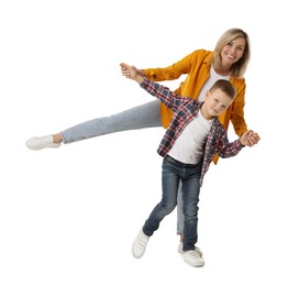 Happy mother with her cute little son on white background