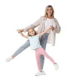 Happy mother with her cute little daughter on white background