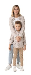 Photo of Happy mother with her cute little son on white background