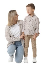 Photo of Happy mother with her cute little son on white background