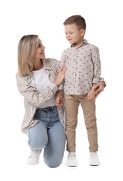 Photo of Happy mother with her cute little son on white background