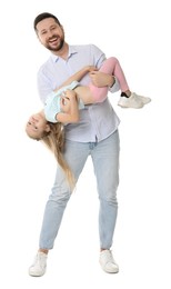 Photo of Happy father with his cute little daughter on white background