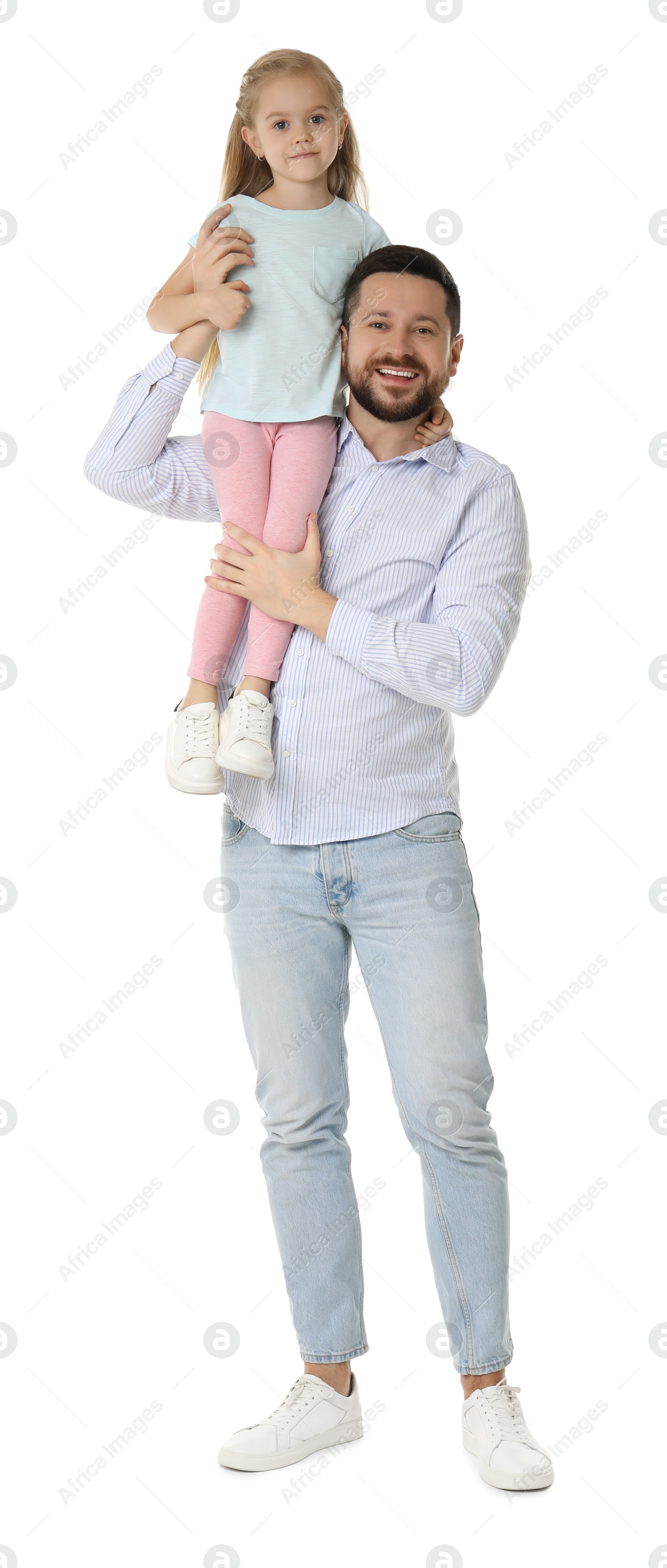 Photo of Happy father with his cute little daughter on white background