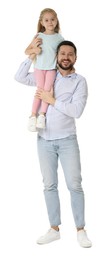 Happy father with his cute little daughter on white background