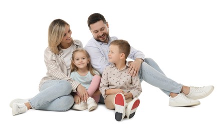 Photo of Happy parents and their children on white background